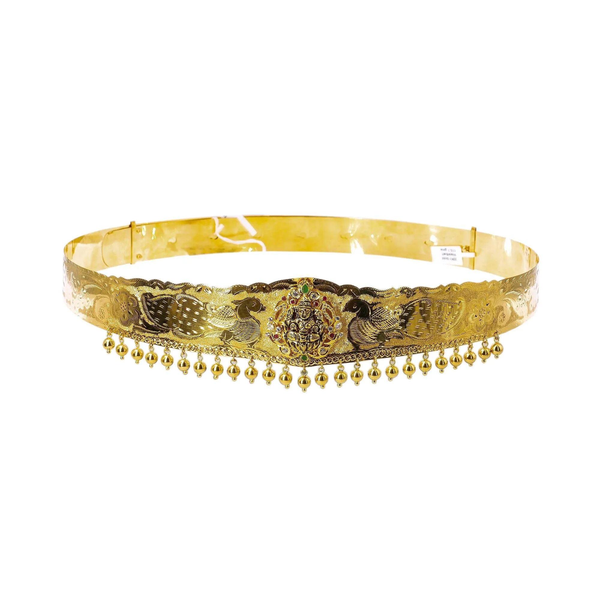 22K Yellow Gold Antique Laxmi Vaddanam Waist Belt W/ Emeralds, Rubies, CZ Gems & Hanging Gold Balls, 115.1gm