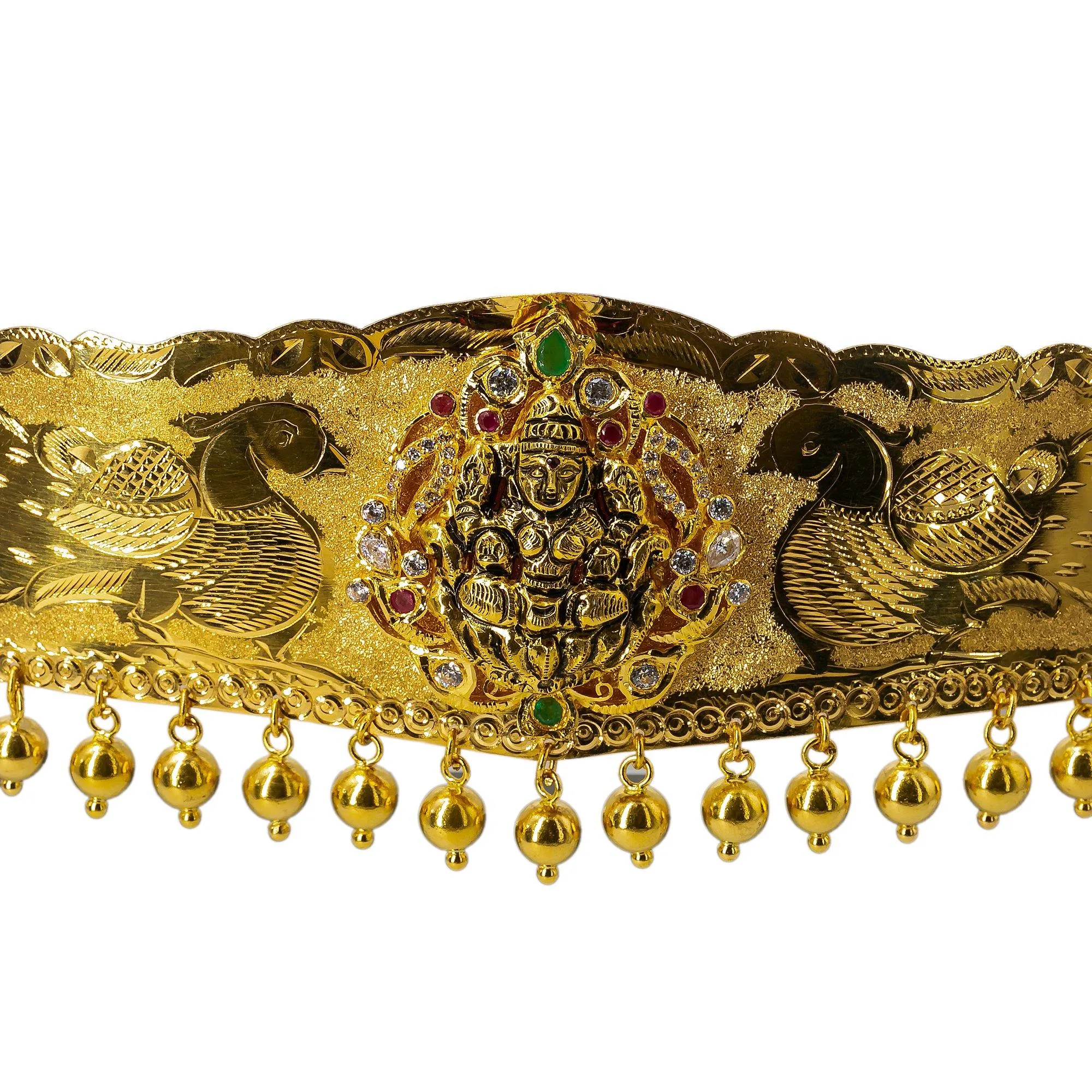 22K Yellow Gold Antique Laxmi Vaddanam Waist Belt W/ Emeralds, Rubies, CZ Gems & Hanging Gold Balls, 115.1gm