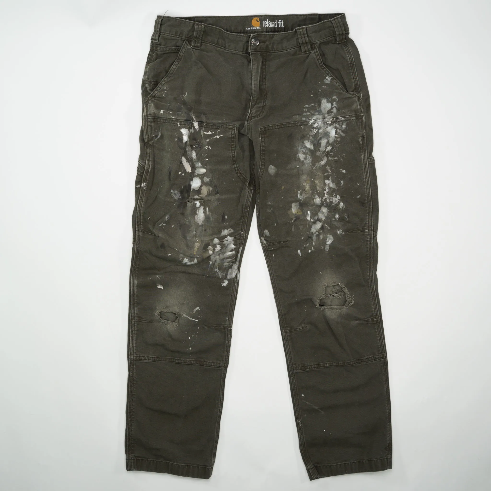 Army Green Carhartt Paint Splashed Double Knee Pants (34 x 32)