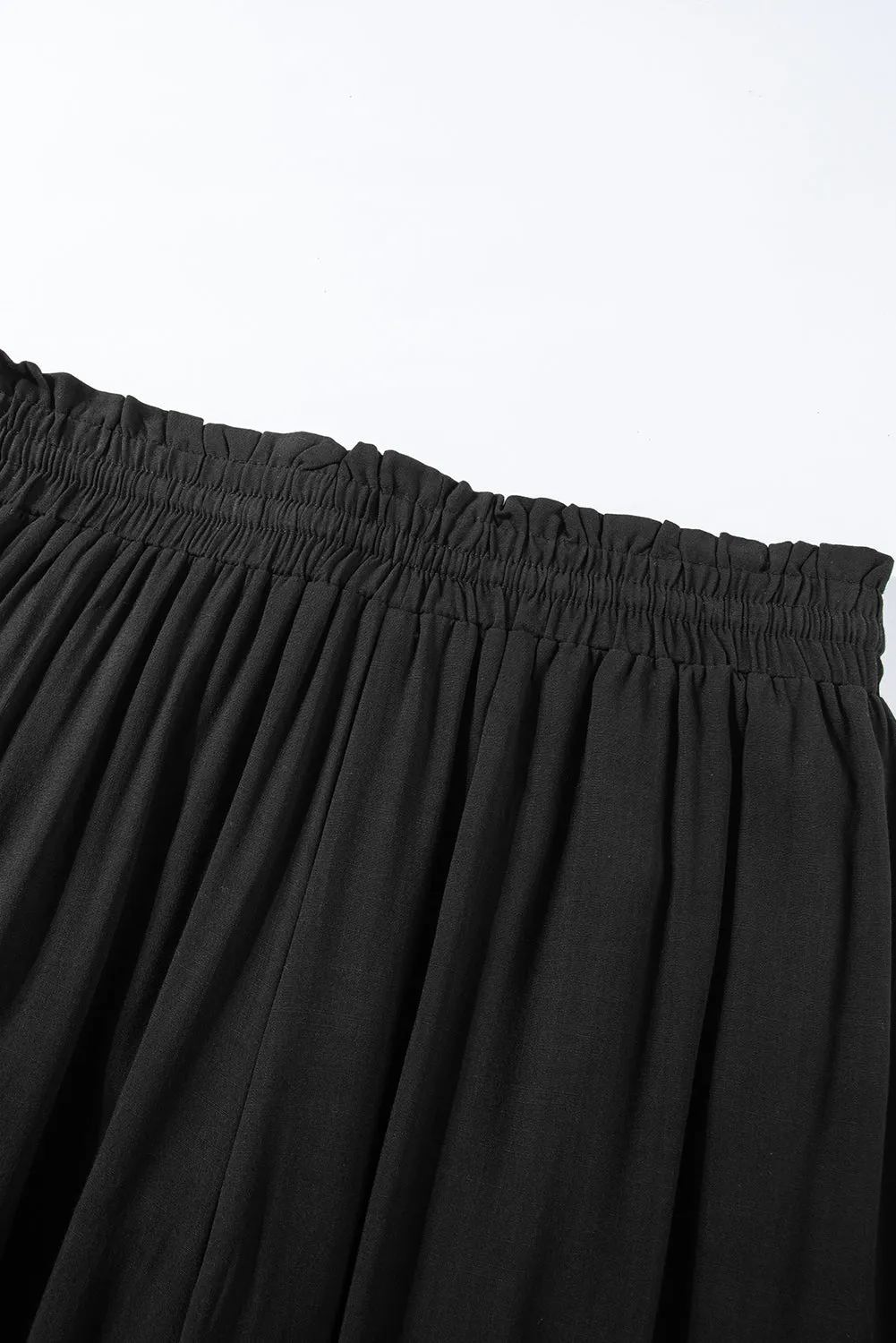 Black Drawstring Smocked High Waist Wide Leg Pants