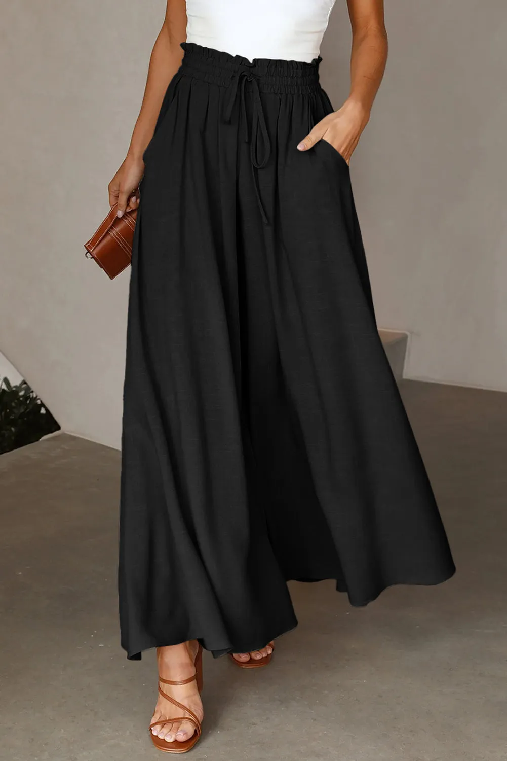 Black Drawstring Smocked High Waist Wide Leg Pants