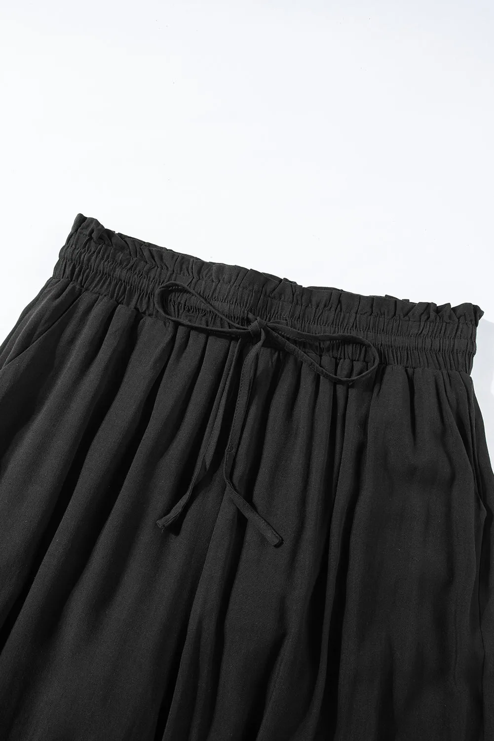 Black Drawstring Smocked High Waist Wide Leg Pants