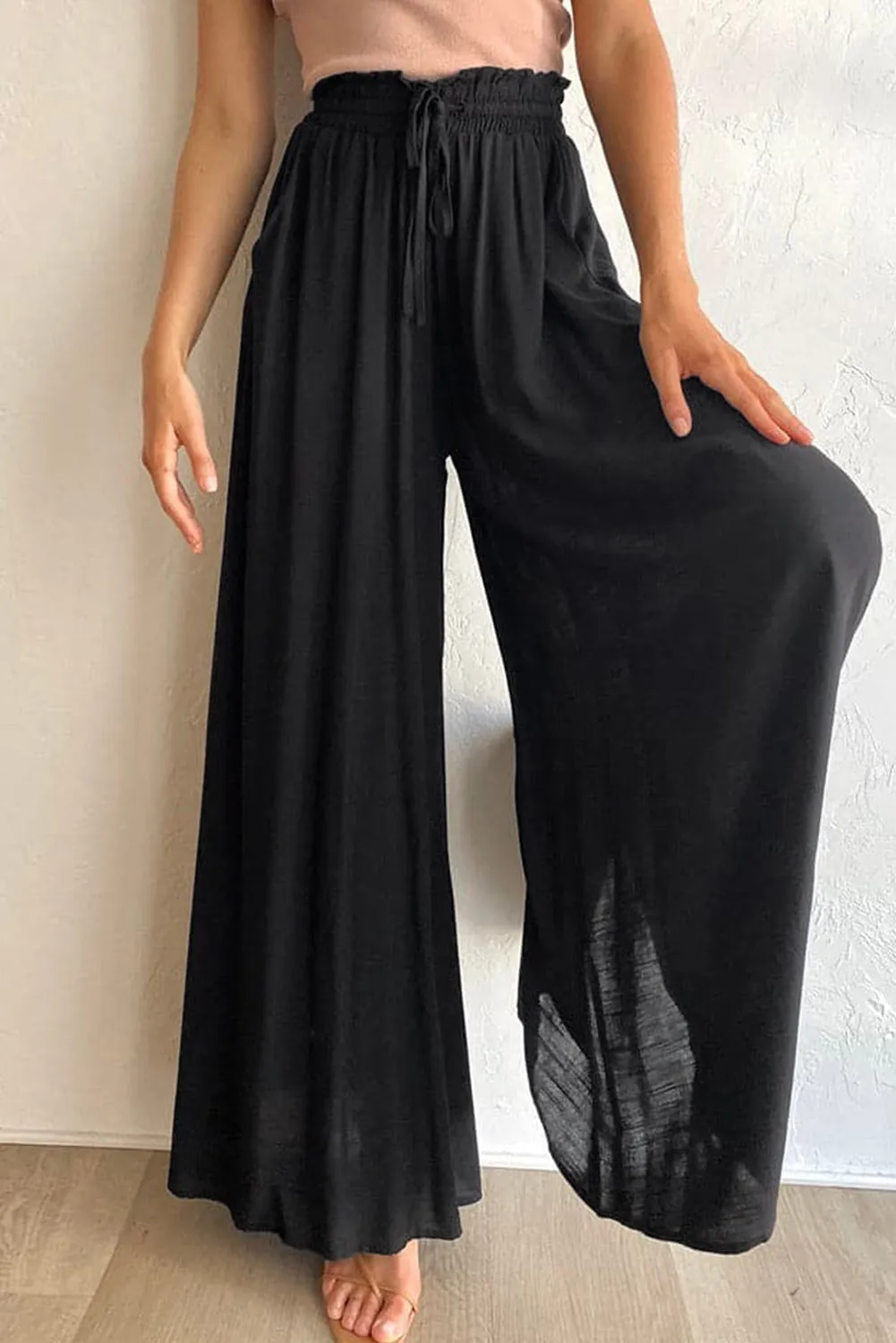 Black Drawstring Smocked High Waist Wide Leg Pants