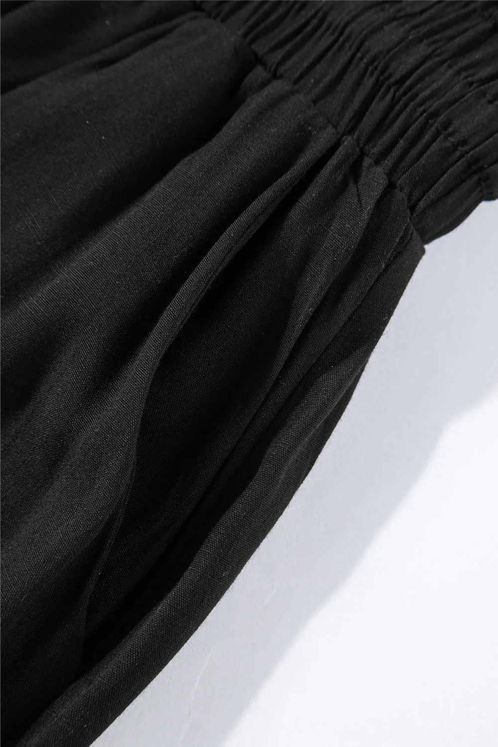 Black Drawstring Smocked High Waist Wide Leg Pants