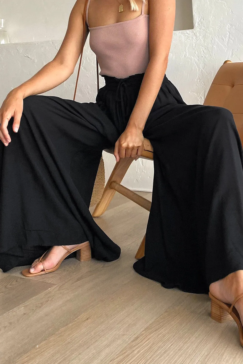 Black Drawstring Smocked High Waist Wide Leg Pants