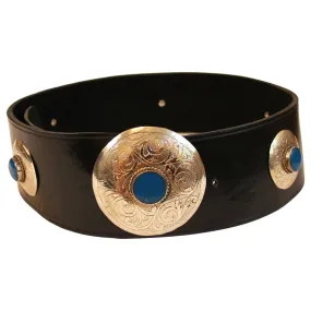 Black Leather Belt with Blue Metal Details