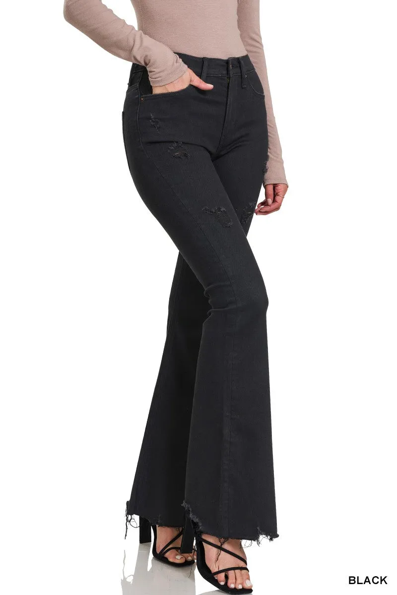 Black RECYCLED POLYESTER HIGH RISE FLARE DENIM PANTS