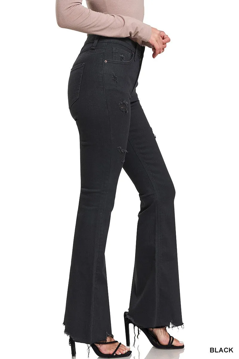 Black RECYCLED POLYESTER HIGH RISE FLARE DENIM PANTS