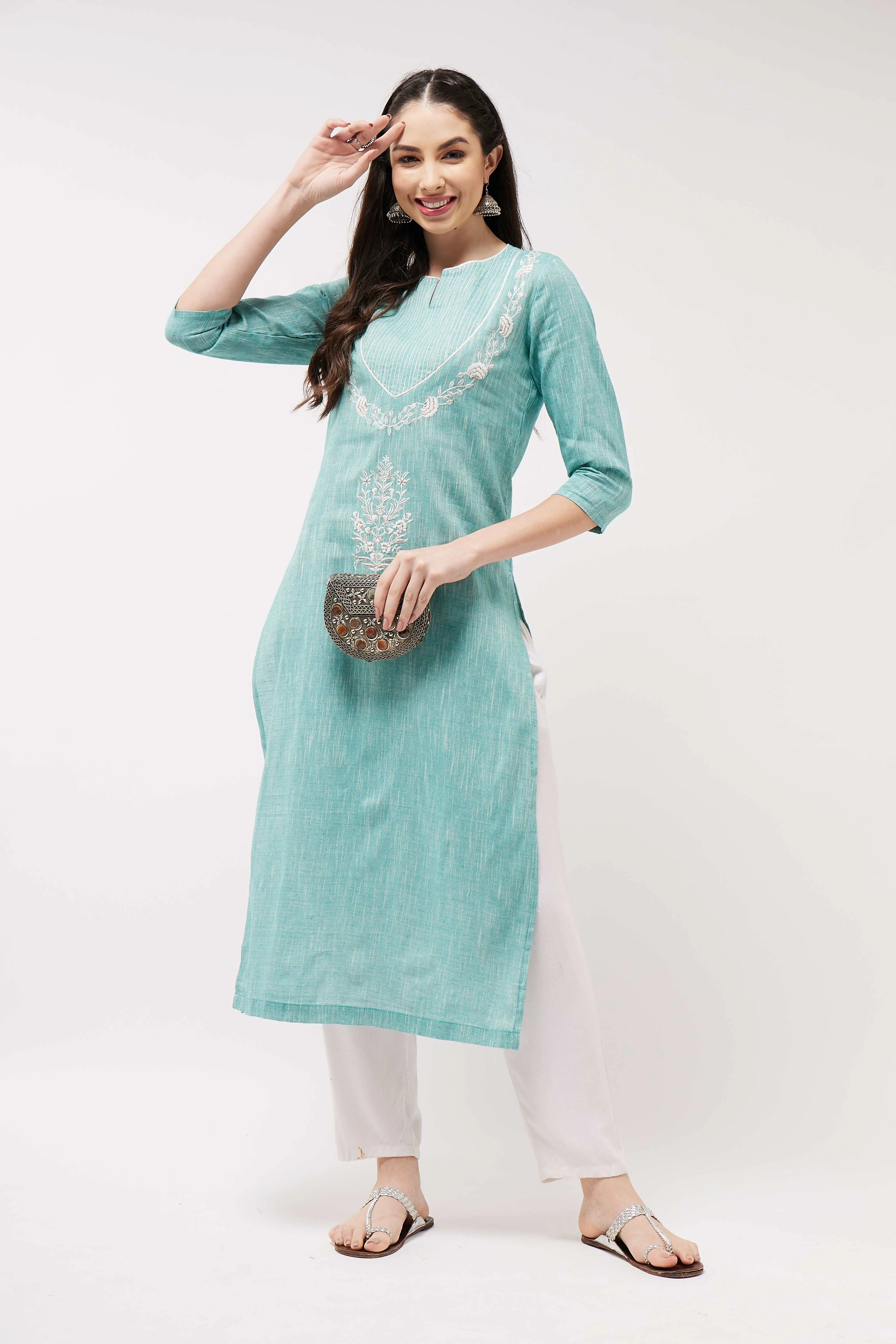 Chambray Embroidered Quarter Sleeves Kurta