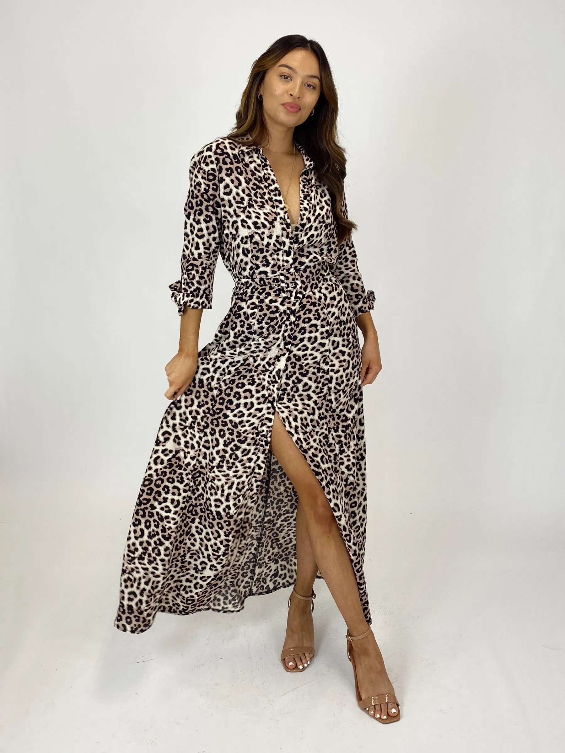 Daphne Belted Shirt Dress / Neutral Animal Print