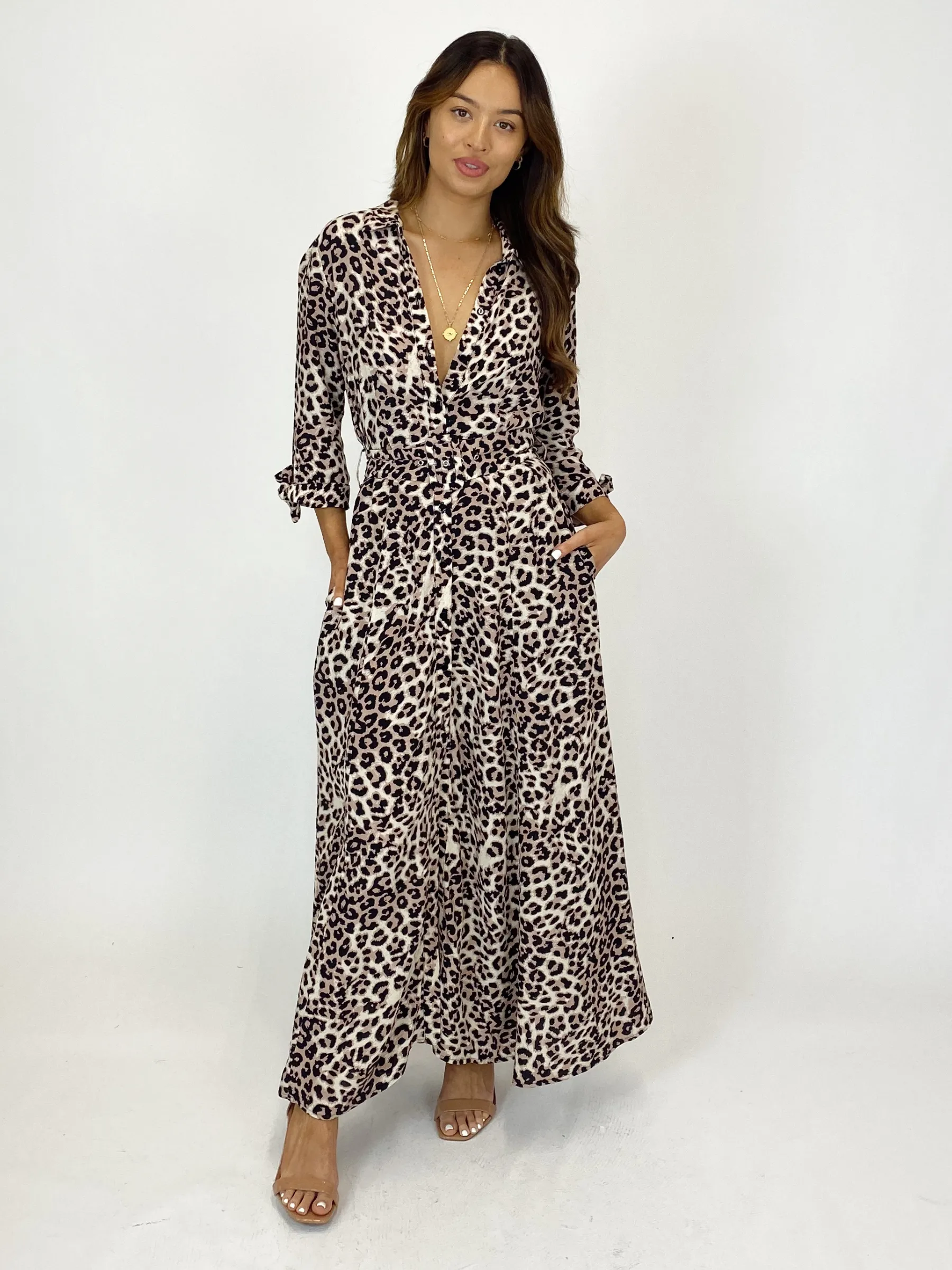 Daphne Belted Shirt Dress / Neutral Animal Print