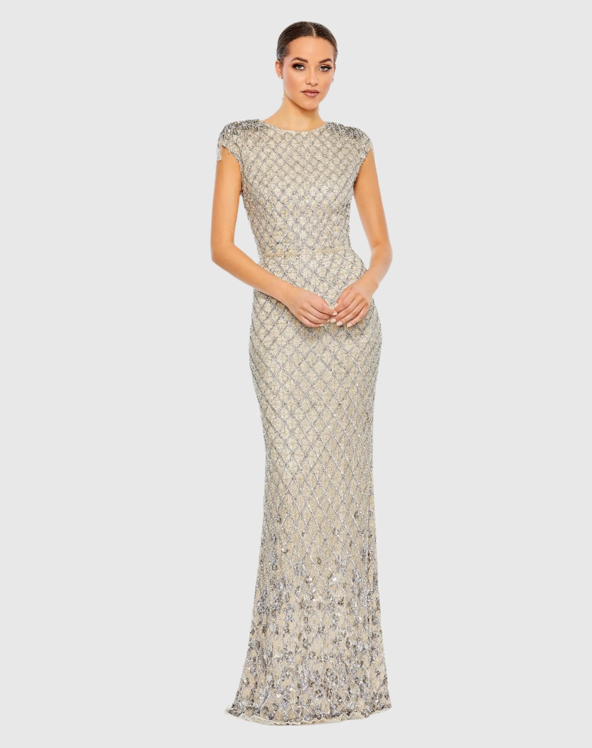 Embellished Crystal Cap Sleeve Column Gown