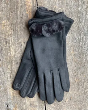 Faux Fur Pom Pom Gloves - Black