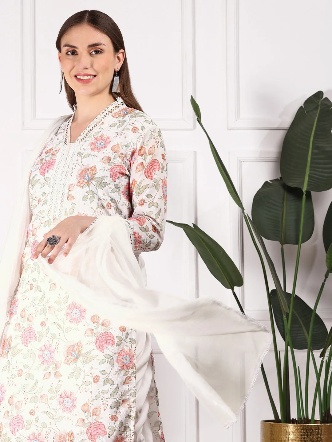 Floral Printed V-Neck Straight Kurta with Dhoti Pants & Dupatta