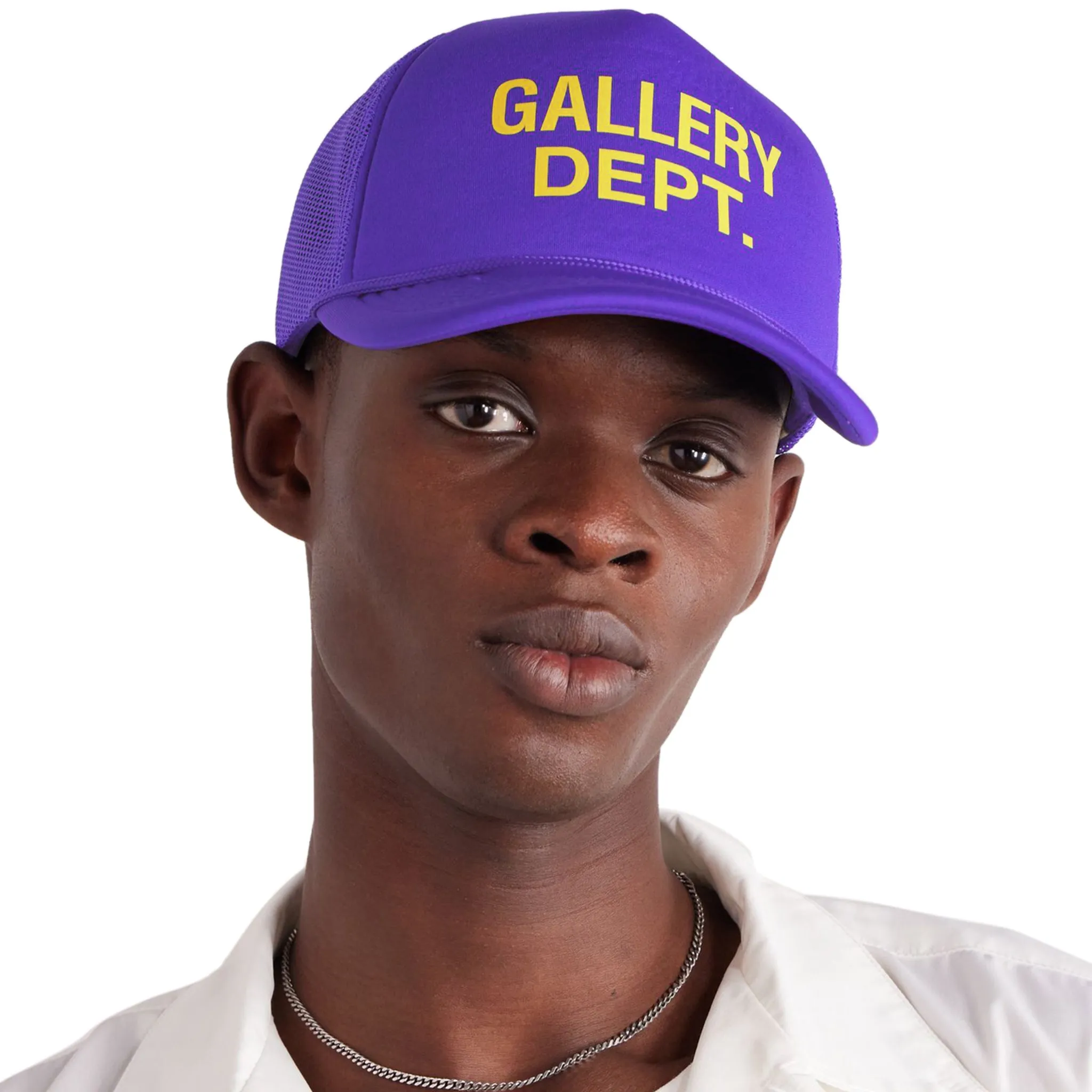 Sure! The optimized English title for this e-commerce product could be: Purple Gallery Dept. Logo Trucker Cap.