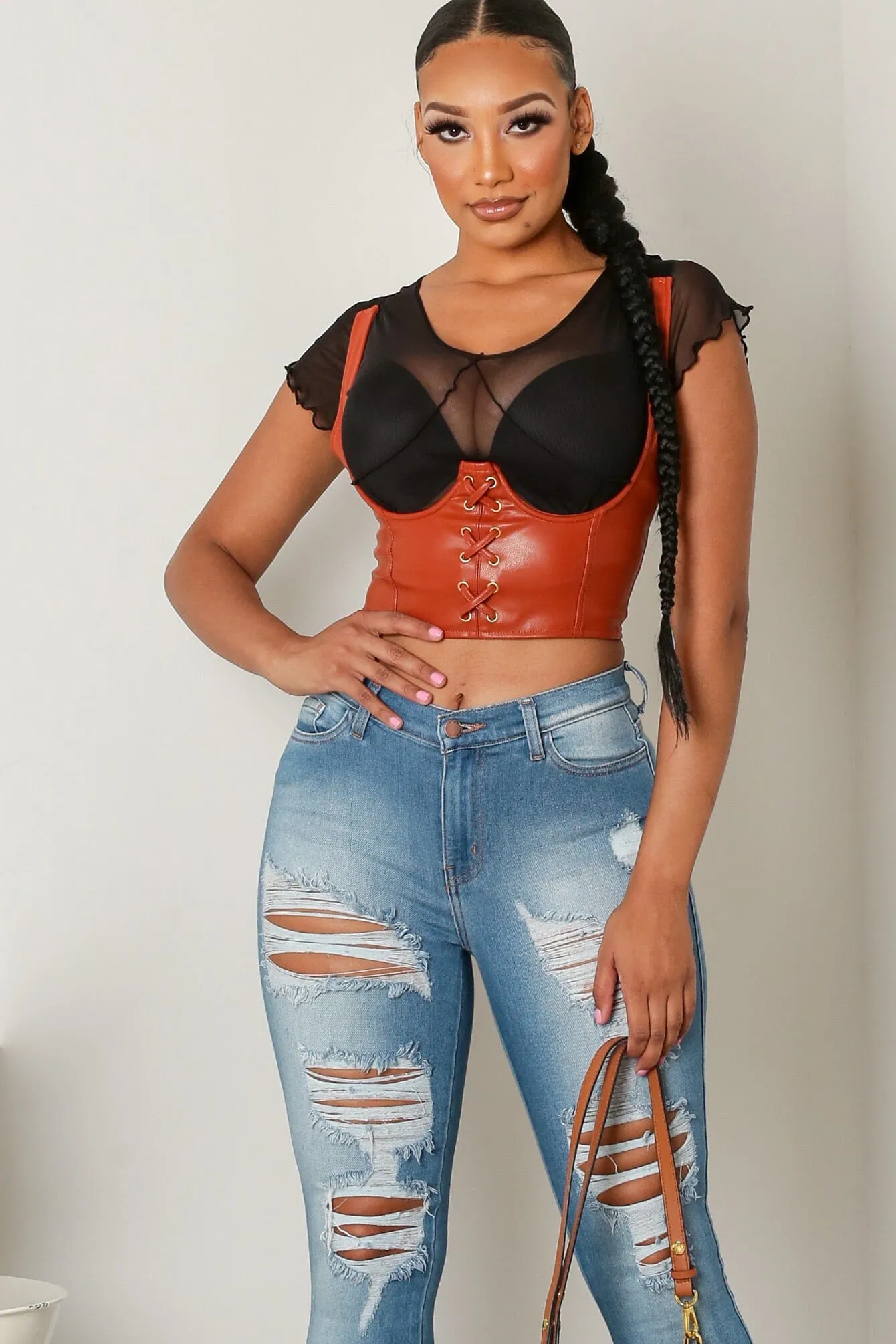 Glossy Faux Under Wired Eyelet Corset Top