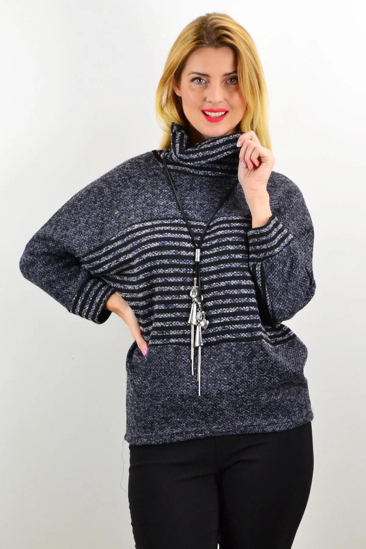 Grey Batwing Rolled Neck Stripe Tunic Jumper