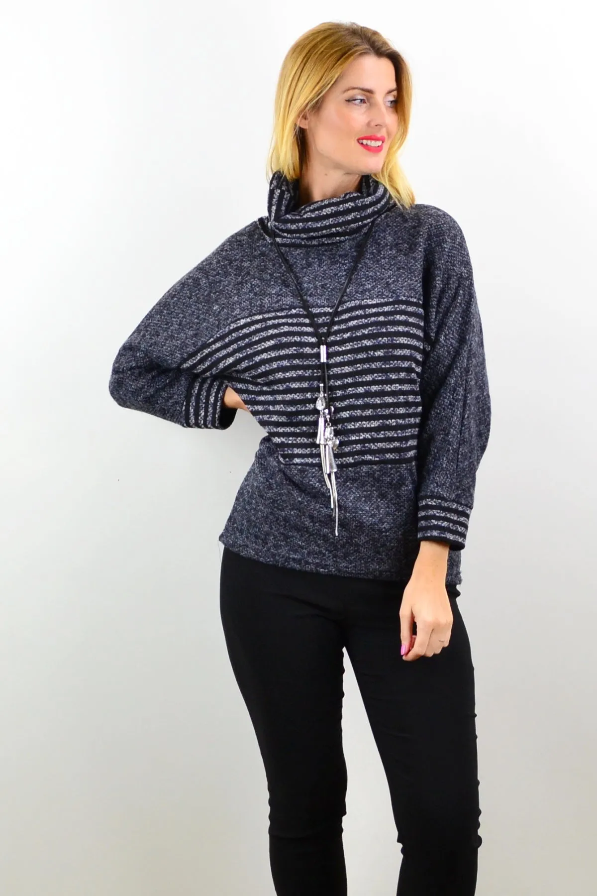 Grey Batwing Rolled Neck Stripe Tunic Jumper