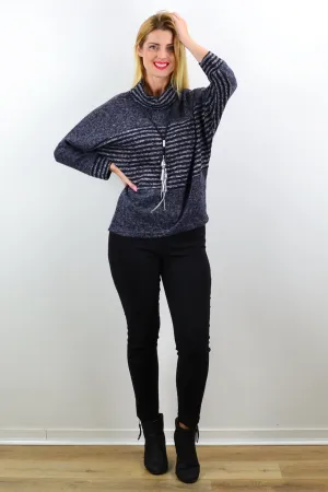 Grey Batwing Rolled Neck Stripe Tunic Jumper