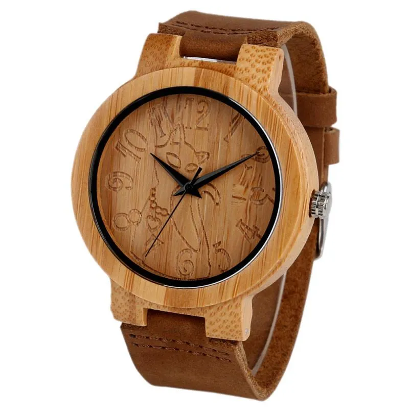 Lovely Hand Carved Wooden Watch for Ladies Leather Band