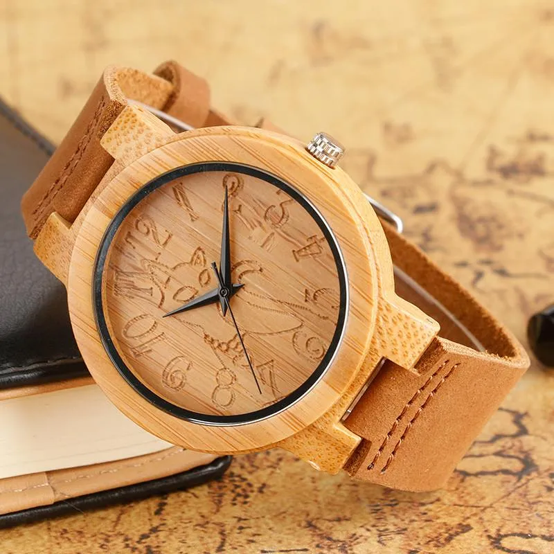 Lovely Hand Carved Wooden Watch for Ladies Leather Band