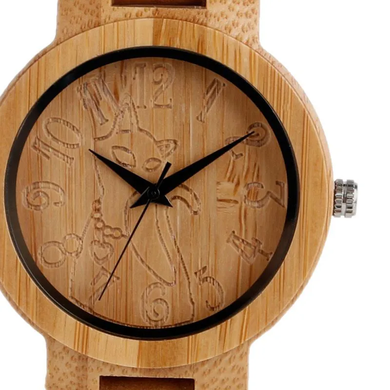 Lovely Hand Carved Wooden Watch for Ladies Leather Band