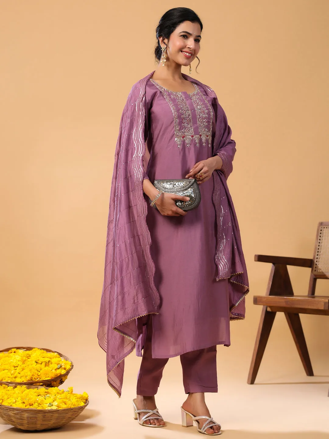 Mauve Chinnon Embellished Kurta with Pant and Dupatta