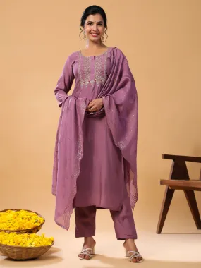 Mauve Chinnon Embellished Kurta with Pant and Dupatta