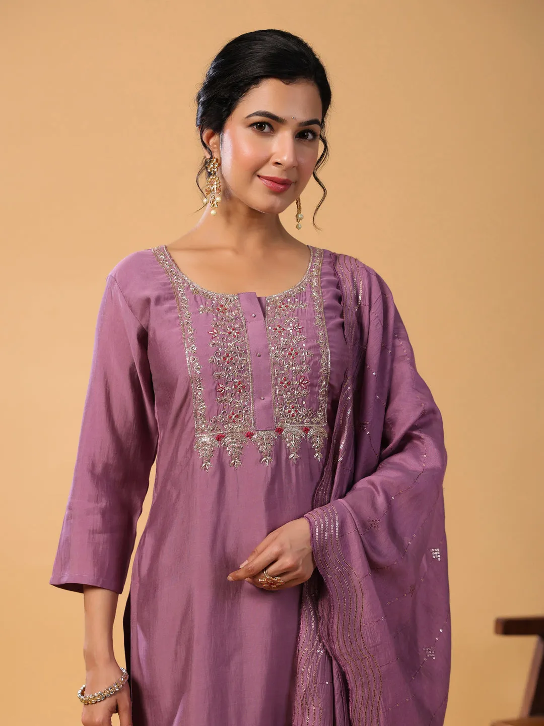 Mauve Chinnon Embellished Kurta with Pant and Dupatta