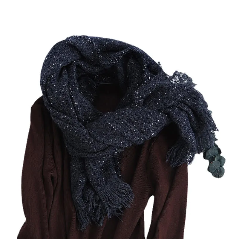 Men Women Winter Cashmere-Like Starry Dots Fringe Whisker Knit Couples Scarf Trend Solid Color Shawl