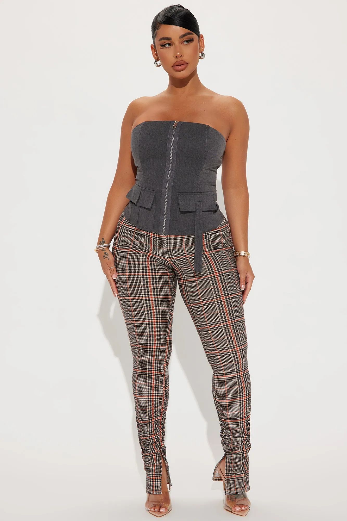 Metro Chic Plaid Stacked Pant - Grey/combo