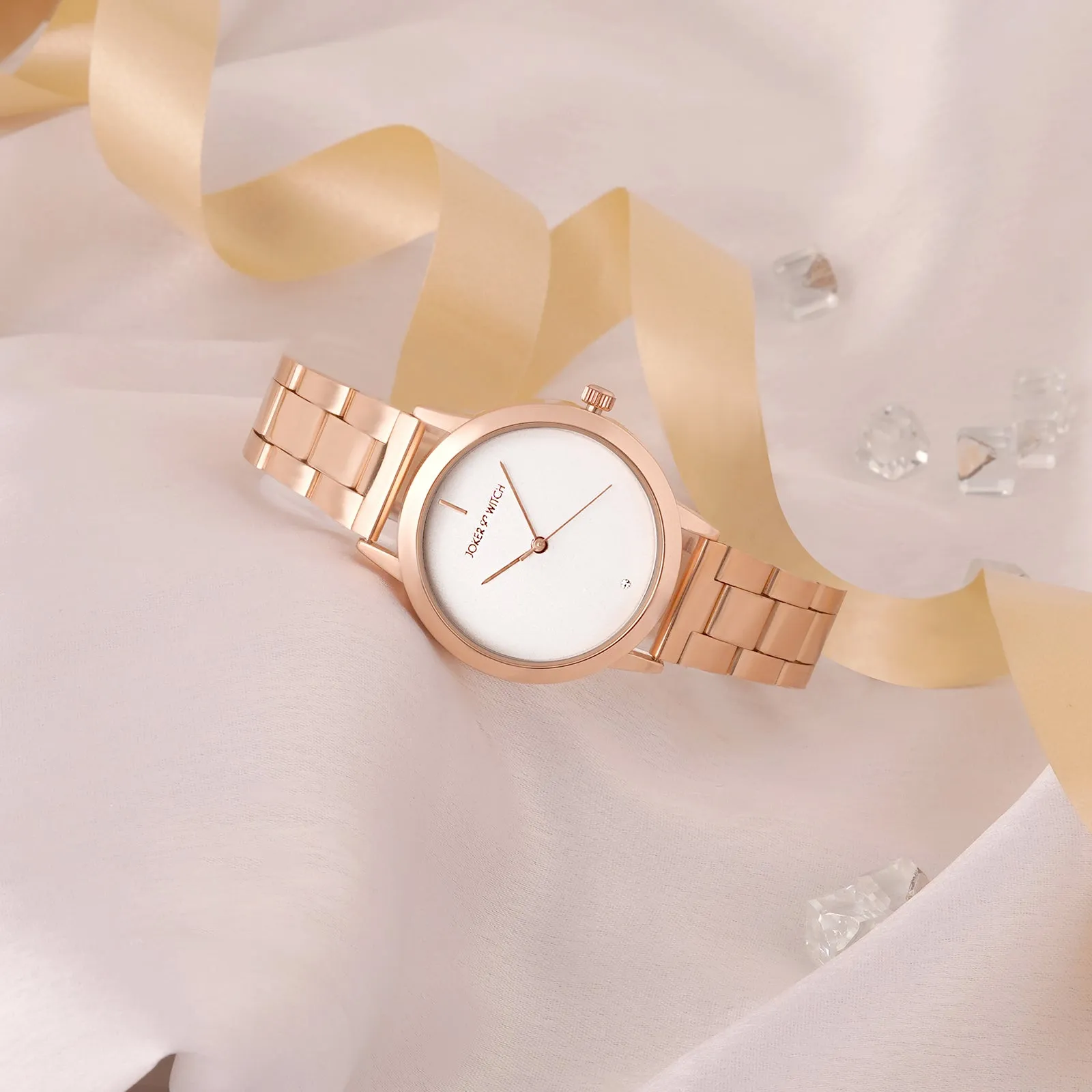 Midnight White Dial Rosegold Metallic Strap Watch