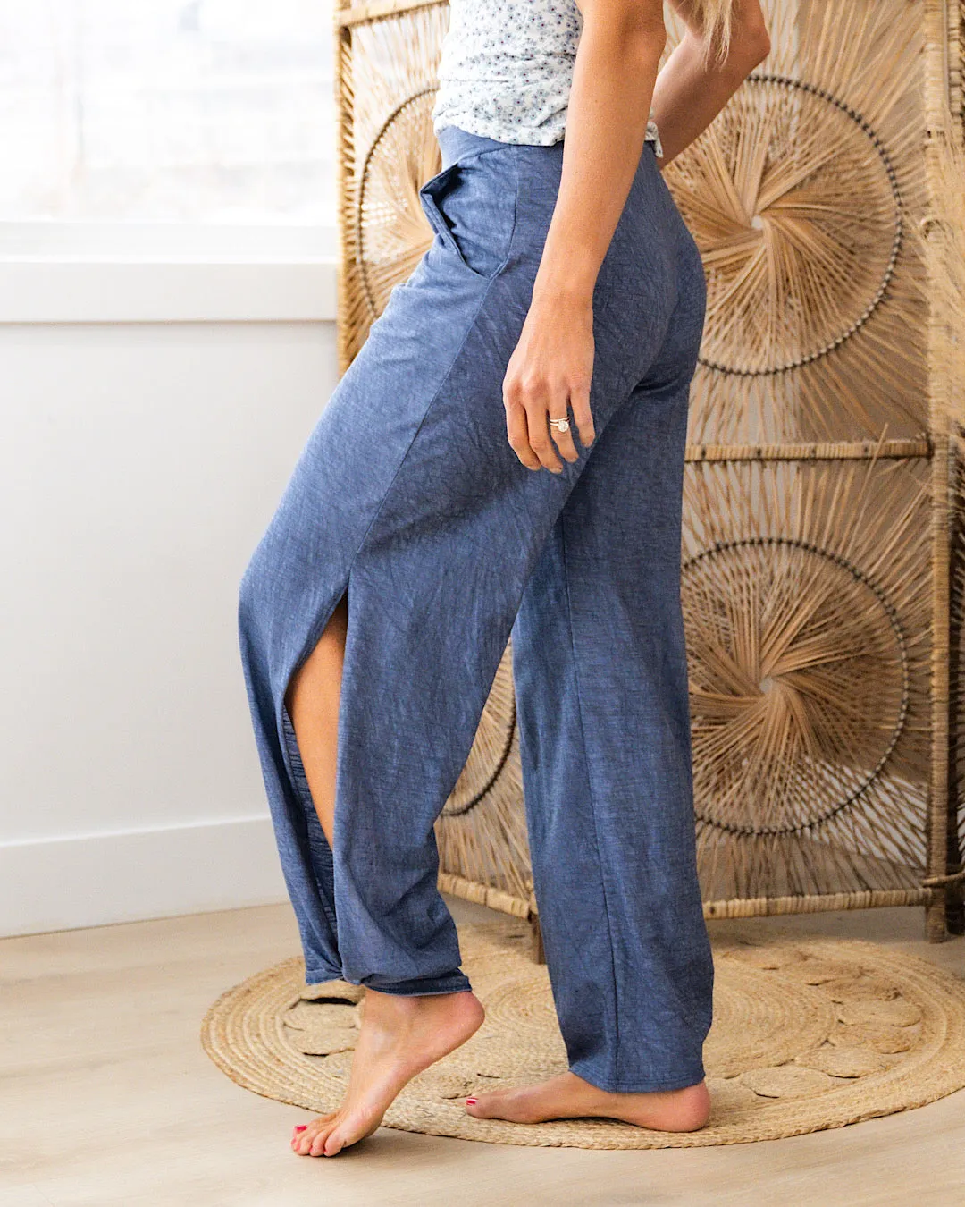 NEW! Split Side Tied Hem Lounge Pants - Denim Blue