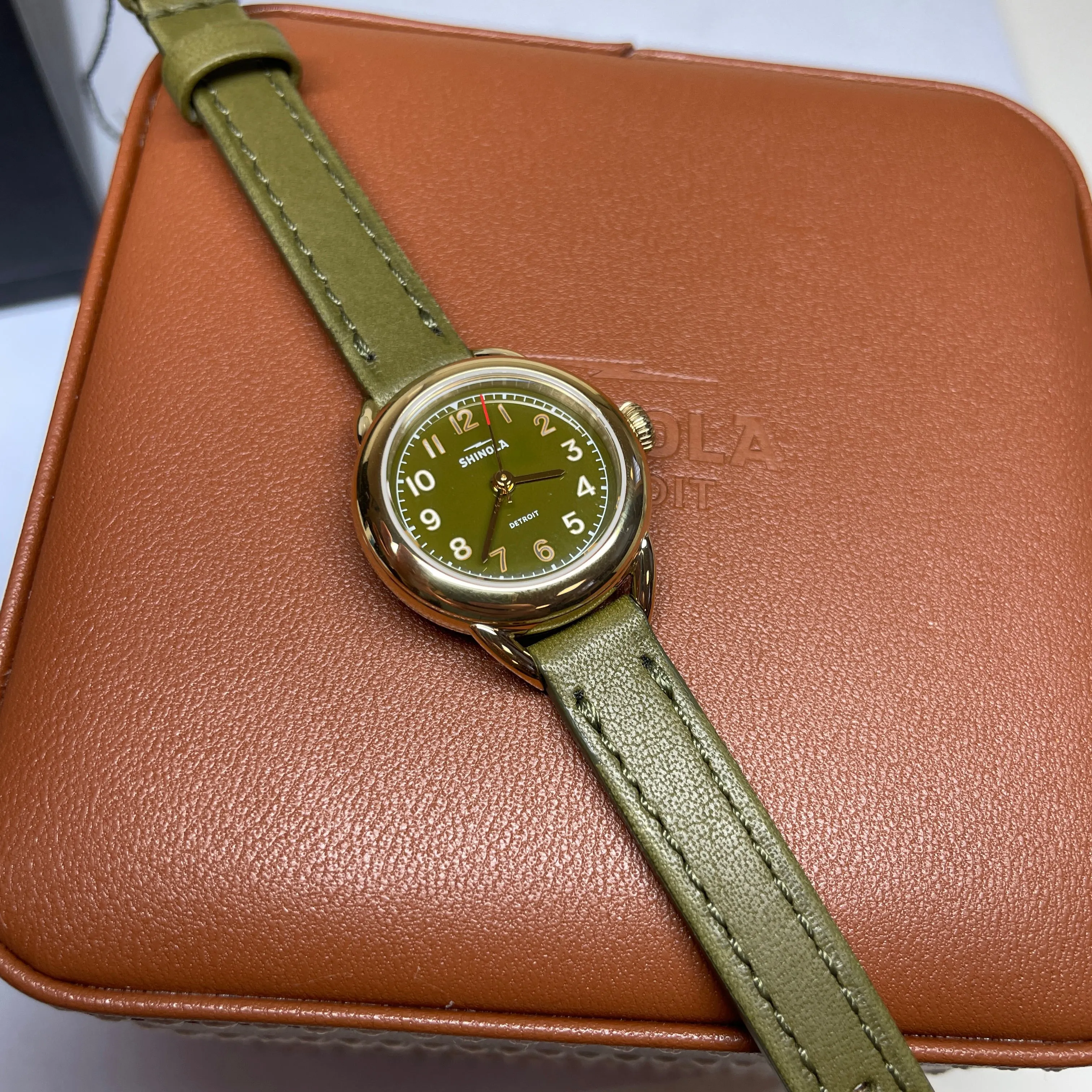 Shinola Runabout Mini 25mm Army Green Gold Watch S0120273247