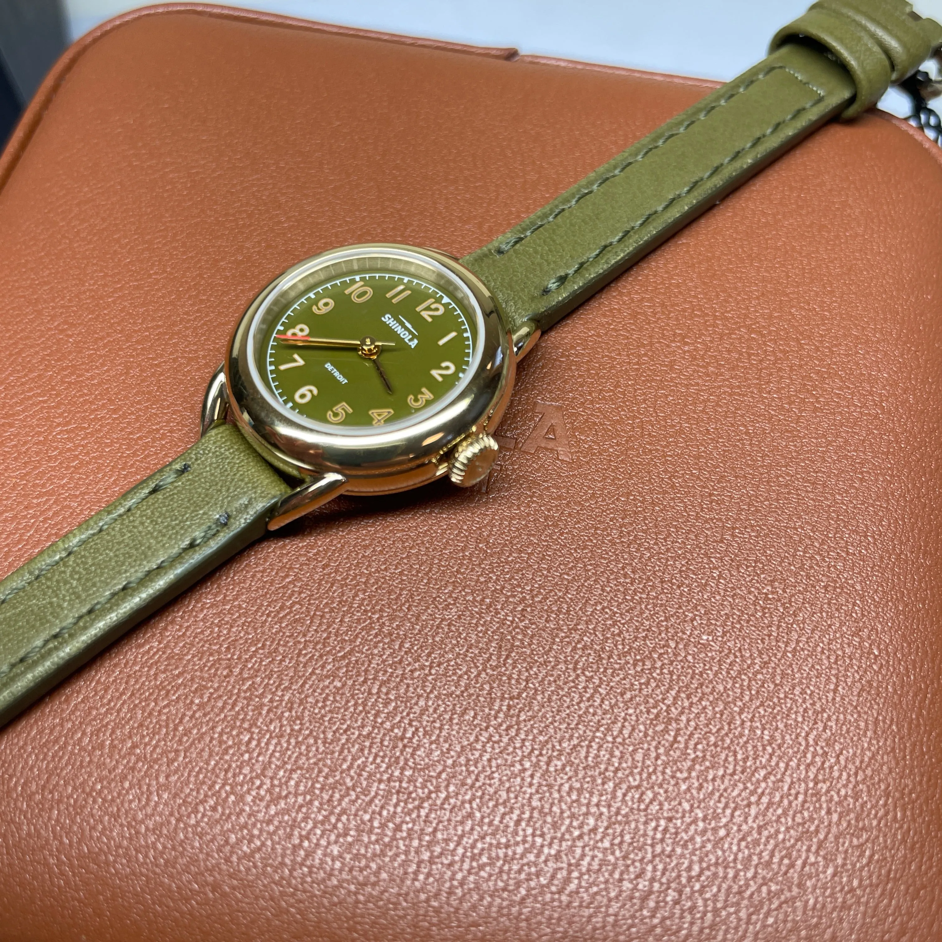 Shinola Runabout Mini 25mm Army Green Gold Watch S0120273247