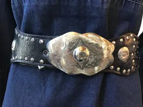 Silver Buckle Studded Leather Belt