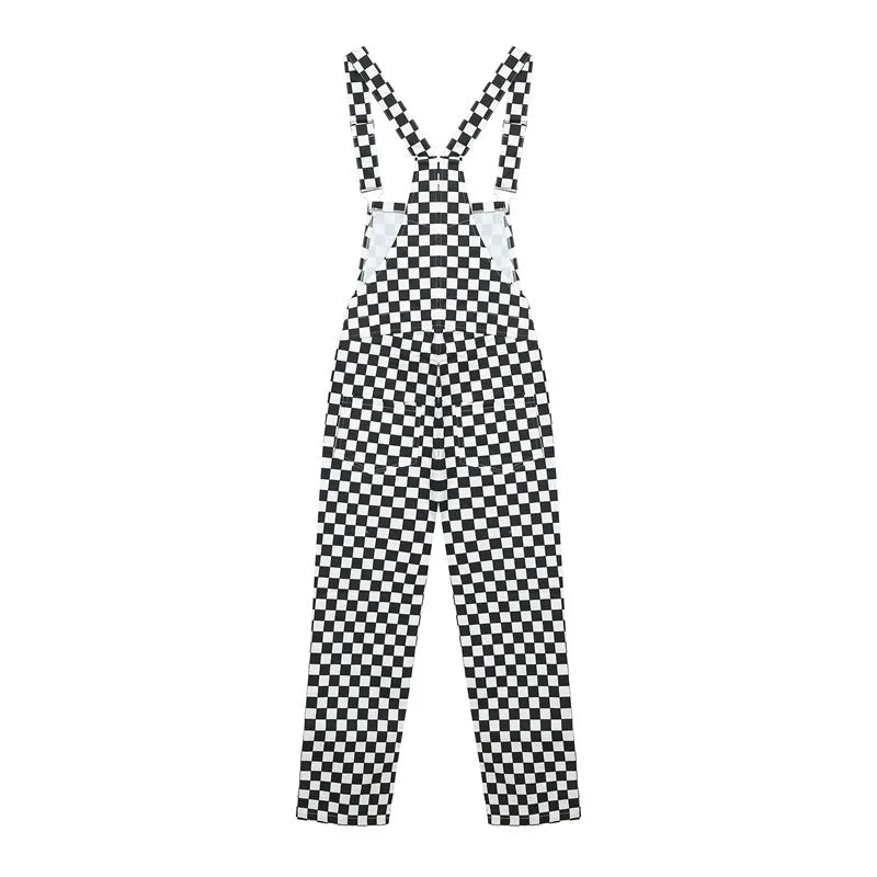 STREET FASHION BLACK WHITE CHECKERS OVERALLS PANTS BY63044