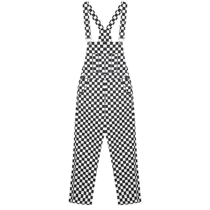 STREET FASHION BLACK WHITE CHECKERS OVERALLS PANTS BY63044