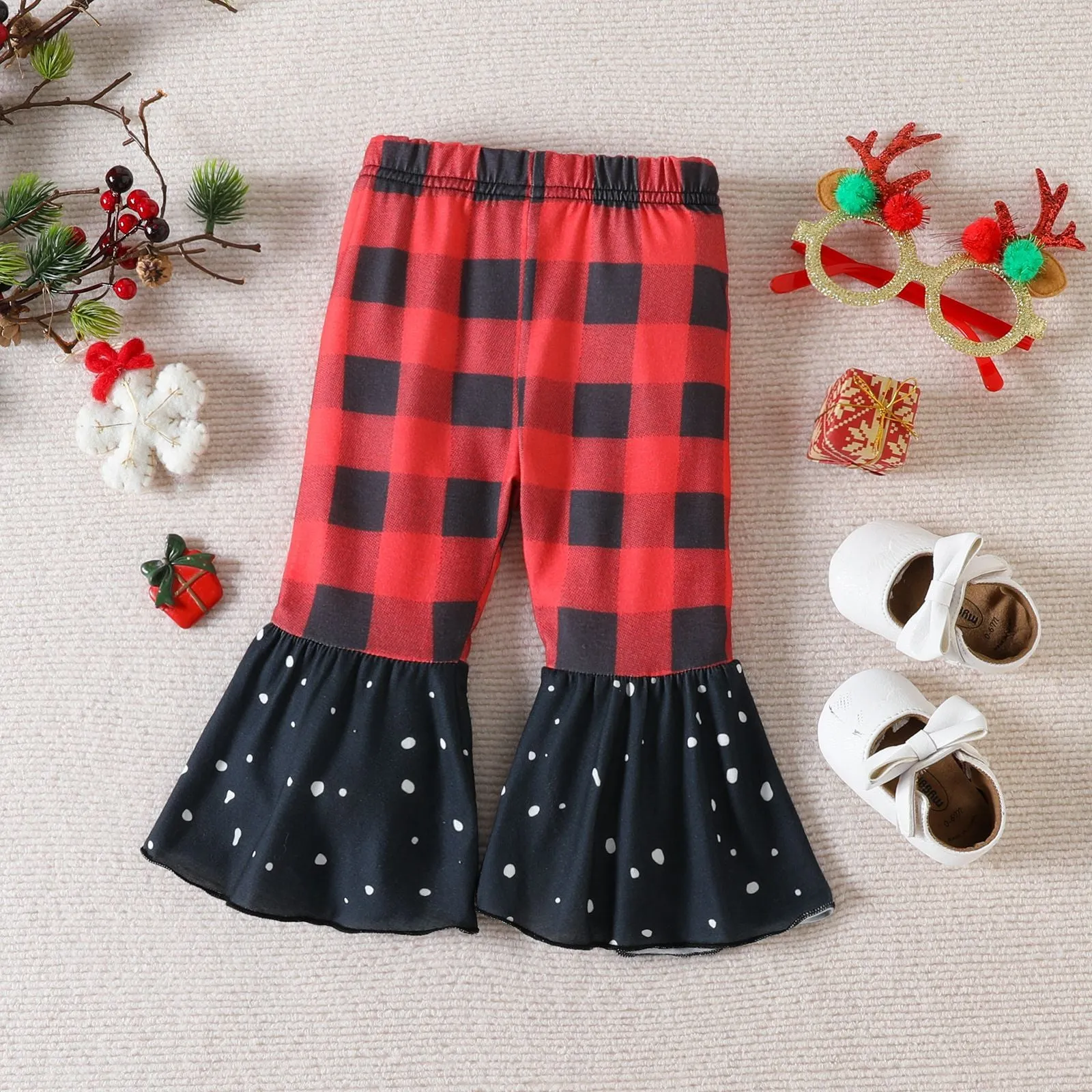 Toddler Girls Christmas Print Flared Sleeve Top Plaid Pants Set