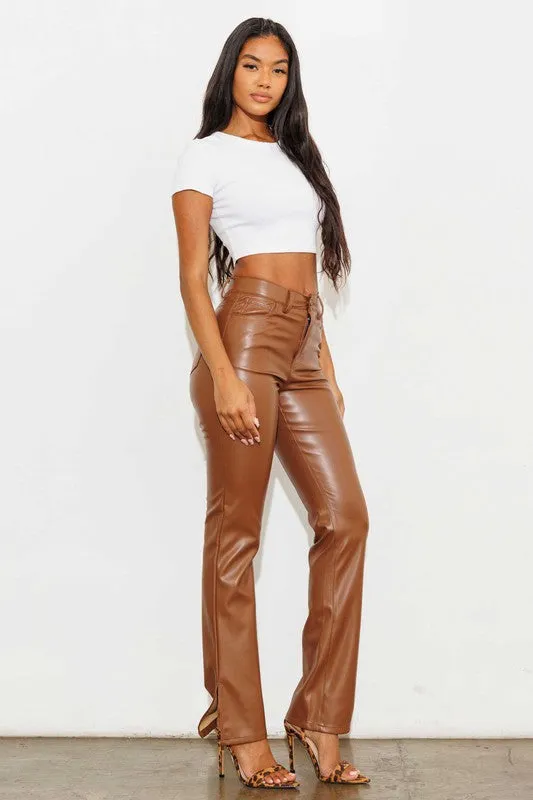 Vibrant Vegan Leather Side Slit Bootcut Pants - Cognac