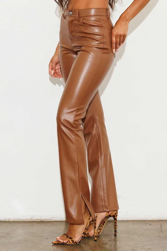 Vibrant Vegan Leather Side Slit Bootcut Pants - Cognac