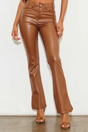 Vibrant Vegan Leather Side Slit Bootcut Pants - Cognac